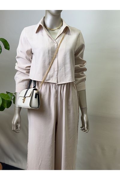 owwon Women's Beige Double Crop Shirt Pants Bottom Top Set