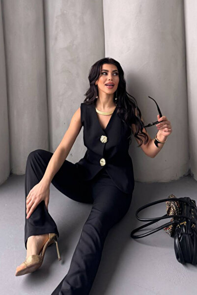 VZ BUTİK Stílusos gombos részletes női alsó felső öltöny - mellény nadrág és I kit