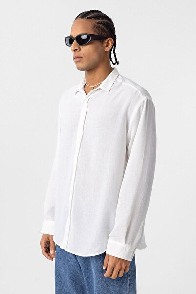 VAMOSCLO Basic Oversize Μακρυμάνικο Λινό Πουκάμισο Λευκό