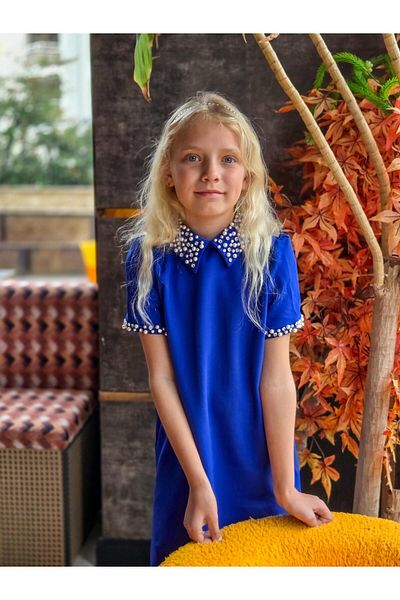 Hilal Akıncı Kids Short Sleeve Girl Dress Collar and Sleeves with Stones