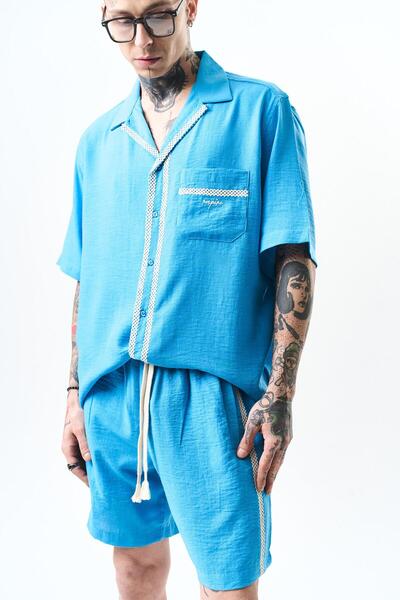 Respire Men's Embroidered Oversize Linen Shorts Suit Blue