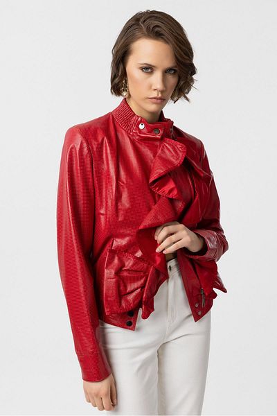 Deriderim Red Farah Side Zipper Ruffle Detailed Lined Women's Genuine Leather Coat