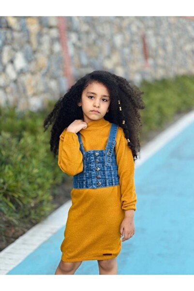 Hilal Akıncı Kids طقم فستان تريكو بوستير من الدنيم للفتيات مكون من قطعتين