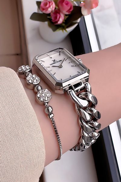 Daniel Klein Square Case Waterproof Women Wristwatch Silver Color Steel Chain Cord Gift Bangle Dkby2037C4