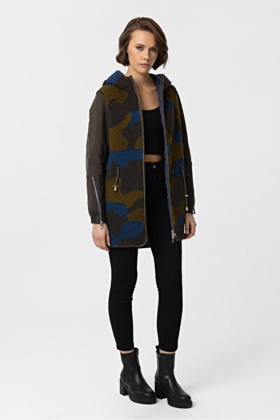 Deriderim Haki Berry İzolinli Kürklü Çift Taraflı Fermuarlı Kadın Kumaş Kaban