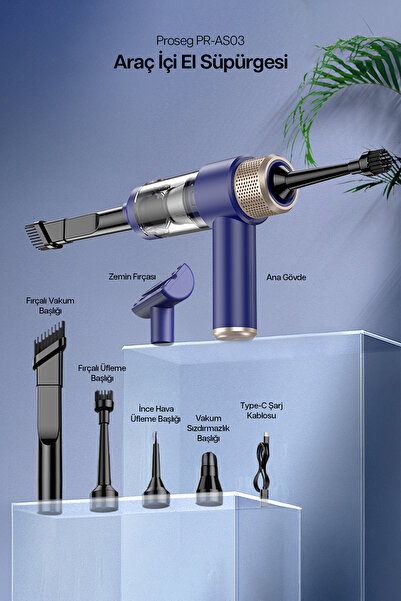 Proseg Portatif Vakumlu Üflemeli Mini Şarjlı Araç Süpürgesi - Toz Ve Kül Temi...