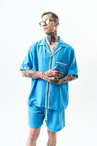 Respire Чоловічі вишиті лляні шорти оверсайз комплект синій