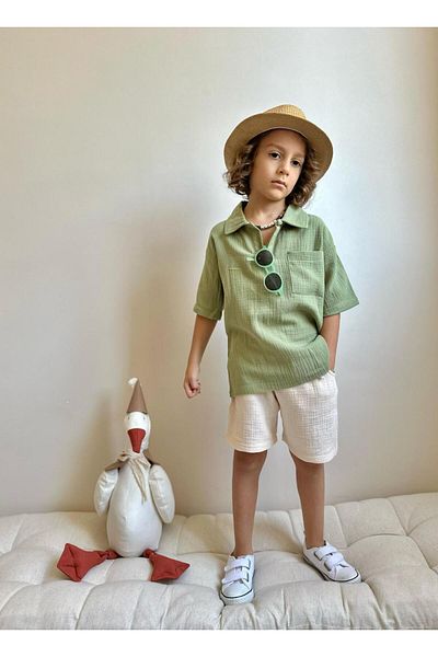 YİGİT BUTİK Yigit Butik Muslin Fabric Shirt Collar Boy's Shorts Suit