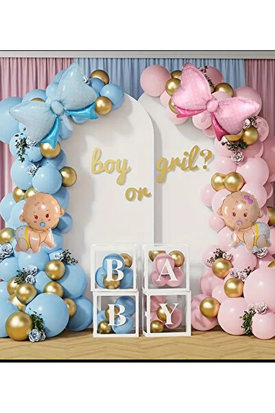 Çemrek Süs Parti Pembe Mavi Gold Krom Cinsiyet Balon Zinciri Seti 102 li Fiyo...