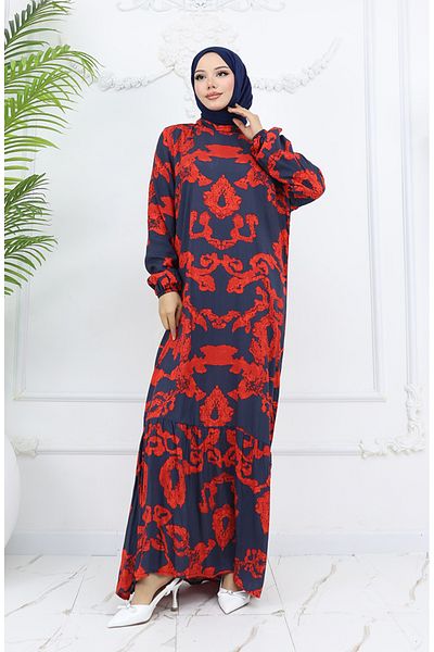 sefamerve Viscose Fabric Elastic Sleeve Patterned Dress 2018-04 Red