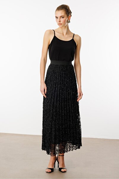 Moda İlgi Modailgi Beli Lastikli Taşlı Dantelli Plisoley Etek - 15077 Siyah