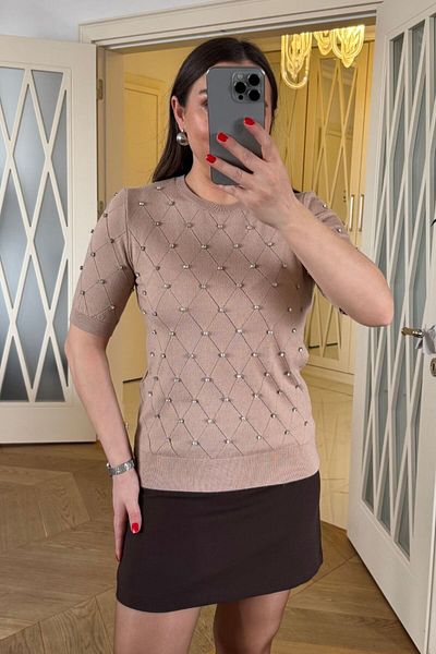 Tuba Butik Bluză tricotată cu mânecă scurtă cu detalii de piatră