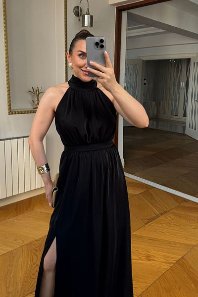 Tuba Butik Halter Neck Satin Long Dress