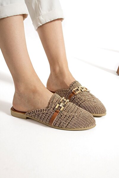 AlbiShoes Γυναικείες παντόφλες με αλυσίδα κλειστή μπροστά Ψάθινη δαντέλα πλεκτά casual σανδάλια παντόφλες καλοκαιρινές παντόφλες