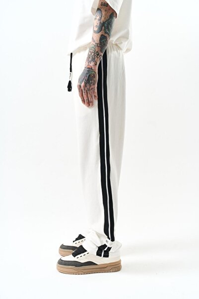 Respire Men's Stripe Detailed Interlock Baggy Sweatpants Ecru