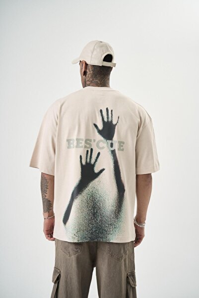 Respire Erkek Res'cue Baskılı Oversize T-Shirt Bej