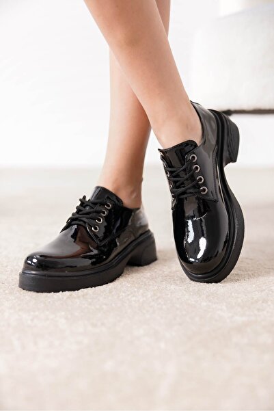 öz se shoes LONİKA BAĞCIKLI SİYAH KALIN TABAN OXFORD & KOLEJ AYAKKABISI