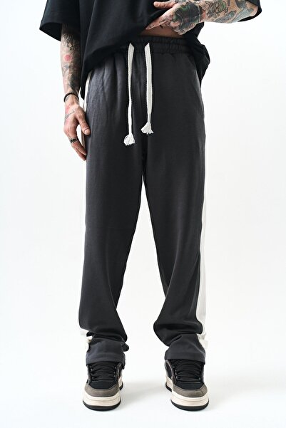 Respire Men's Leg Detailed Interlock Baggy Sweatpants Smoked