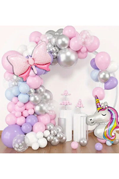 Çemrek Süs Parti Pembe Lila Gümüş Krom Balon Zinciri Seti 102 li Fiyonk ve Un...