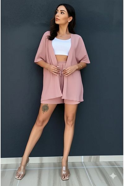 NO 601 Women's Pink Wrap Kimono Vest Shorts Bottom-Top Set