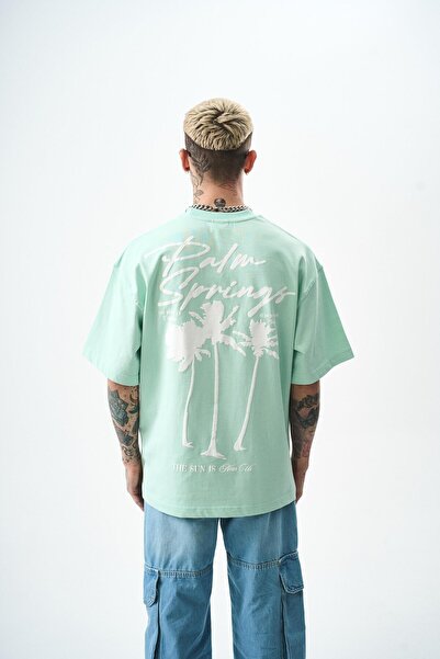 Respire Tricou supradimensionat pentru bărbați - imprimeu cu palmier verde apă