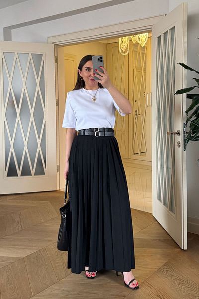Tuba Butik Pleated Long Skirt with Belt Detail