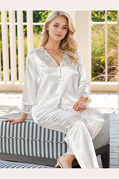 Alissa Kadın Saten Ekru Gecelik&Sabahlık&Pijama Üst ve Alt&Büstiyer&Şort 6'lı Çeyiz Seti