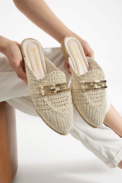 AlbiShoes Women's Chain Slippers Closed Front Straw Lace Knitted Casual Sandals Slippers Summer Slippers