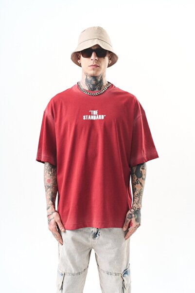 Respire Мъжка тениска с щампа The Standard Oversize, бордо червена