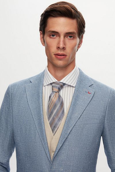 D'S Damat Blue Linen Slim Fit Mono Collar Suit - Dobby Combination