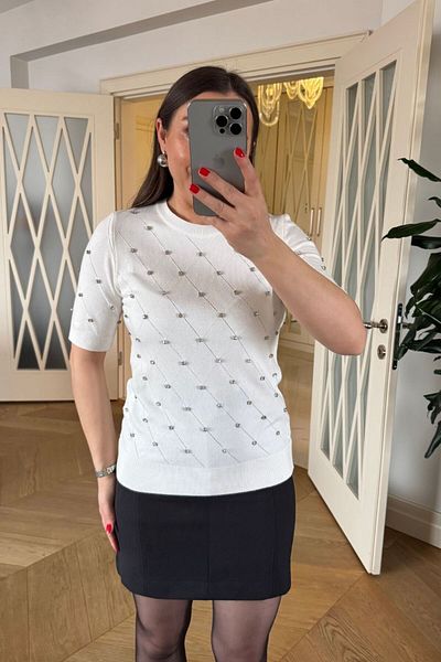 Tuba Butik Short Sleeve Stone Detailed Knitwear Blouse