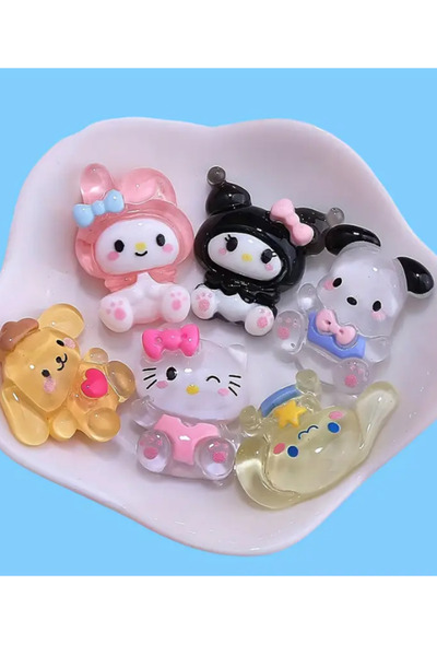 ALLStore 7'li Reçine Boncuk Yapışkanlı Hello Kitty Kromi Karışık Tırnak,Çanta,Anahtarlık,Suluk Süsleri