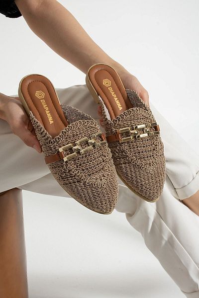 AlbiShoes Γυναικείες παντόφλες με αλυσίδα κλειστή μπροστά Ψάθινη δαντέλα πλεκτά casual σανδάλια παντόφλες καλοκαιρινές παντόφλες