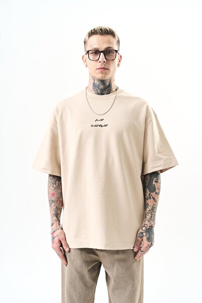 Respire Μπεζ Oversize Ανδρικό T-Shirt Just Hold Κεντημένο