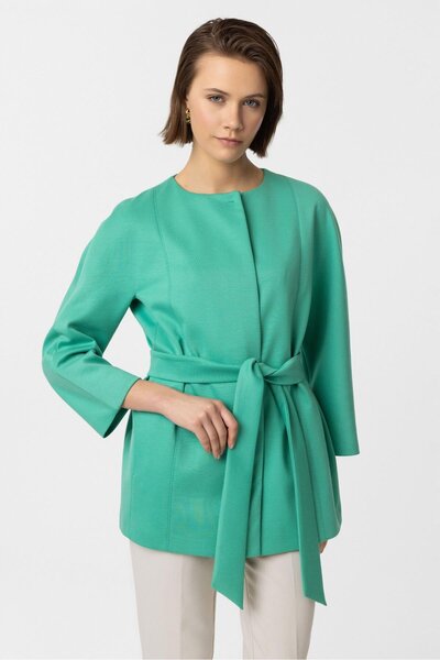 Deriderim Green Jadira Belted Three Quarter Sleeve Fabric Coat with Snap Closure