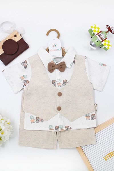 VİTRİNMİXMİNİ Cotton 100% 3 Piece Natural Tractor Printed Baby Boy Linen Vest Set Brown