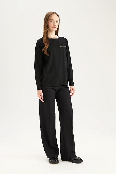 DeFacto Regular Fit Crew Neck Rhinestone Long Sleeve T-Shirt D8081Ax25Sp