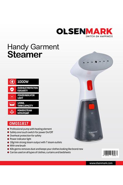 Olsenmark Handheld Garment Steamer 1000W - 120ml Tank, Leak-Free, Overheat Protection, Portable
