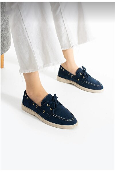 POLENS حذاء راقصة الباليه من جلد الغزال باللون الأزرق الداكن للنساء