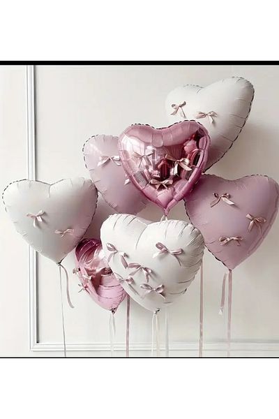 Çemrek Süs Parti Pink and White Heart Foil Balloon Set with Bow 7 Pcs