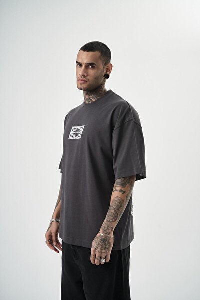 Respire Men's Ornaments Printed Oversize T-Shirt Smoked