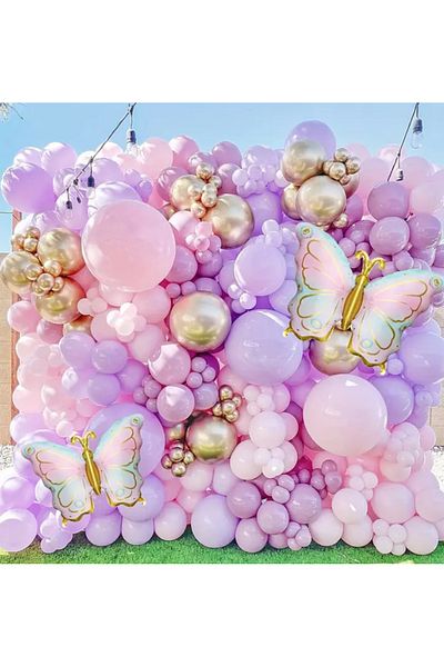 Çemrek Süs Parti Pink Lilac Gold Chrome Balloon Chain Set Including 101 Butterfly Foil Balloons