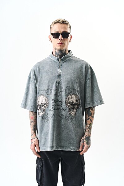 Respire Men's Gray Still Alive Printed T-Shirt Half Zipper Oversize