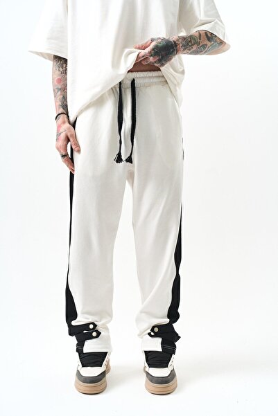 Respire Men's Leg Detailed Interlock Baggy Sweatpants Ecru