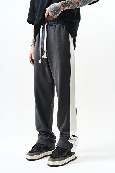 Respire Men's Leg Detailed Interlock Baggy Sweatpants Smoked