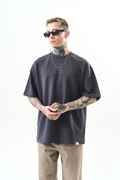 Respire Ανδρικό μπλουζάκι Just Hold Embroidered Oversize Smoked