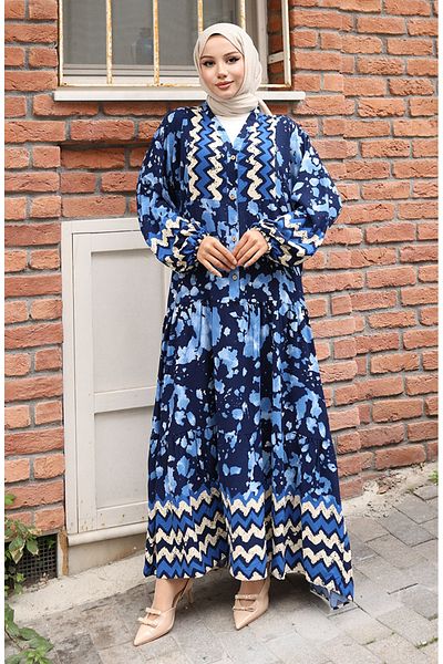 sefamerve Φόρεμα βισκόζης με μισό κουμπί Alaçatı 0041-02 Navy Blue