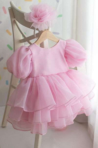 PİTABABY Lindy - Pink Bow Layered Organza Girl's Dress (1-5 Years)