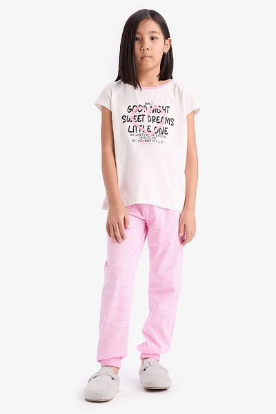 DeFacto Pyjama-Set für Mädchen – bedruckt, kurze Ärmel, elastische Taille oben, langer Boden E2220A825SM