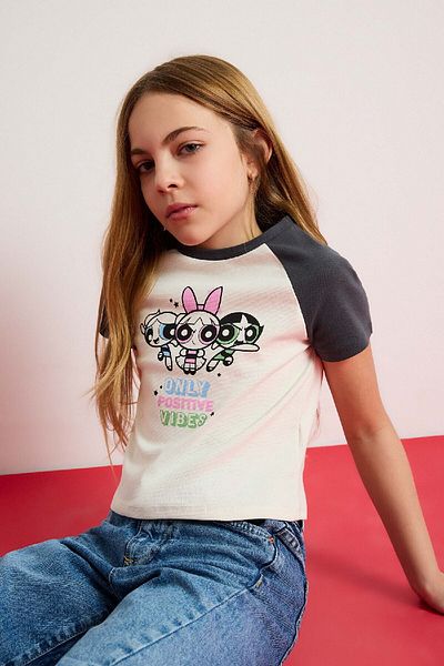 DeFacto Girls' Powerpuff Girls Crop Crew Neck Ribbed Camisole Short Sleeve T-Shirt E0482A825Sp